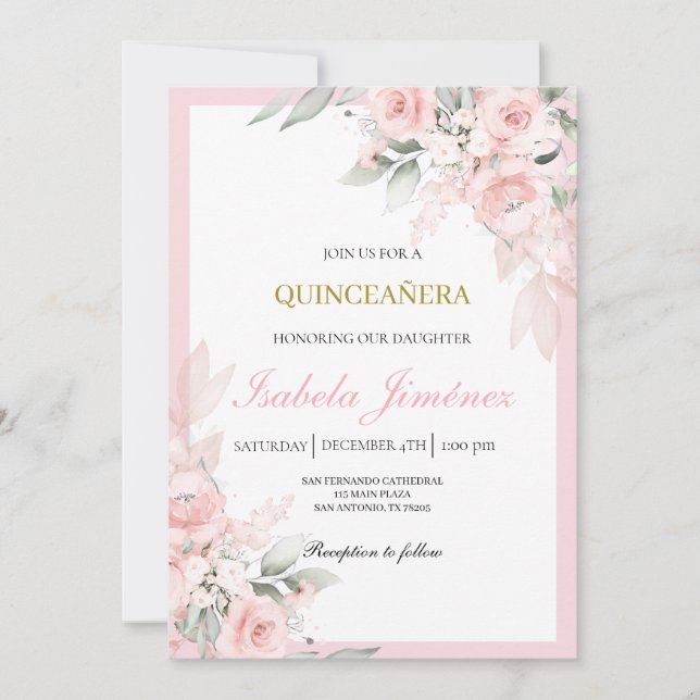 Convites quinceañera rosa claro (Frente)