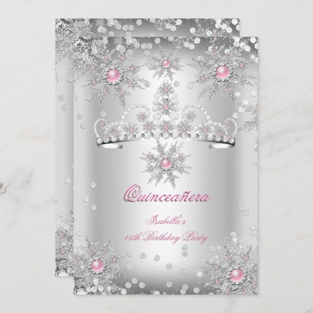 Convites Quinceanera Rosa claro Silver Winter Wonderland (Frente/Verso)