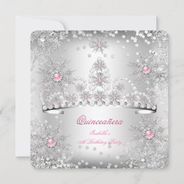Convites Quinceanera Rosa claro Silver Winter Wonderland (Frente)