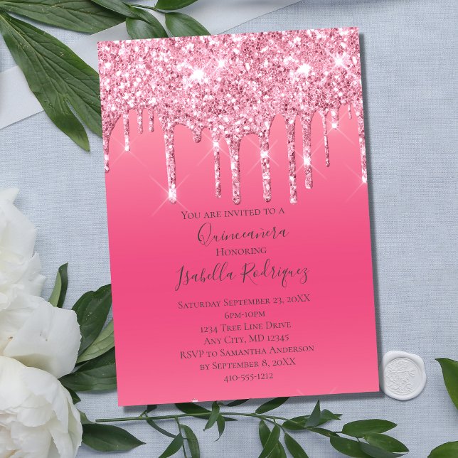Convites Quinceanera Rosa com Brilho na Moda Feminina (Criador carregado)