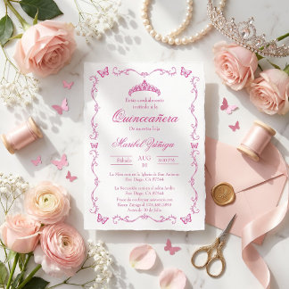 Convites Quinceañera Rosa com Coroa e Borboletas
