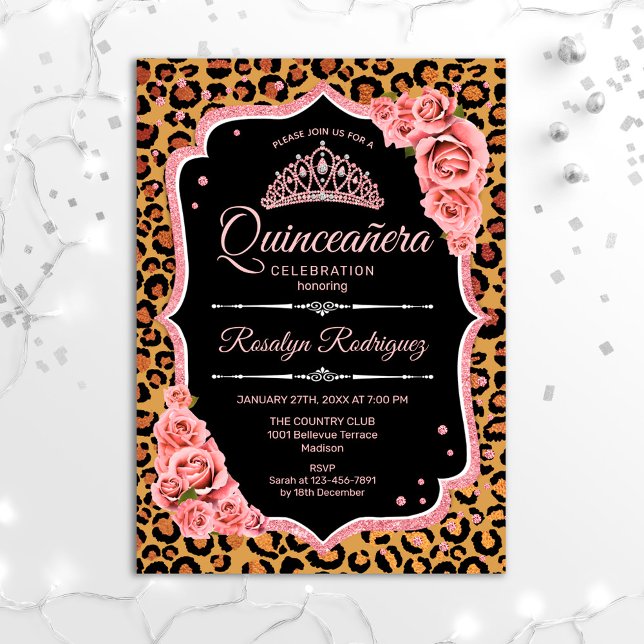 Convites Quinceanera - Rosa de Leopardo Dourado (Criador carregado)