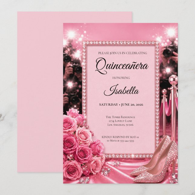 Convites Quinceañera Rosa de Luxo (Frente/Verso)