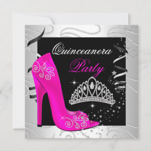 Convites Quinceanera Rosa Diamante Preto Branco Festa