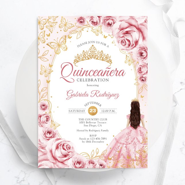 Convites Quinceanera Rosa Dourada (Criador carregado)