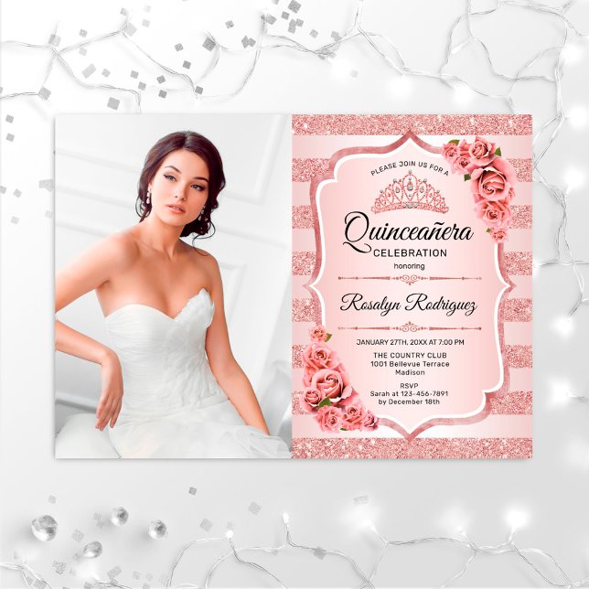 Convites Quinceanera rosa Dourada Com Foto (Criador carregado)