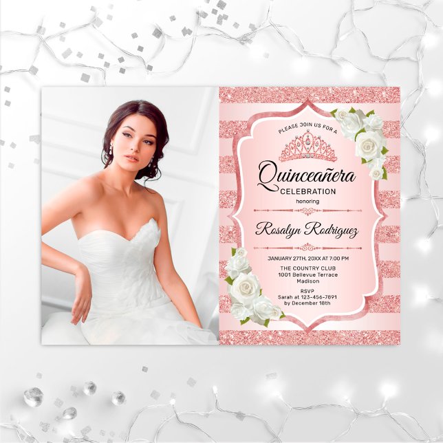 Convites Quinceanera rosa Dourada Com Foto - Rosas Brancas (Criador carregado)