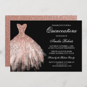 Convites Quinceanera, rosa Dourada, com Glitas Negras