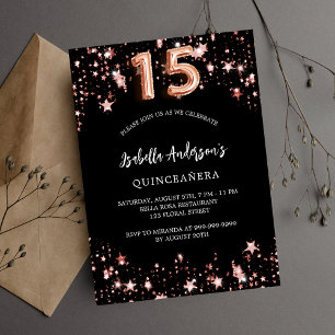 Convites Quinceanera rosa dourada estrelas luxo preto