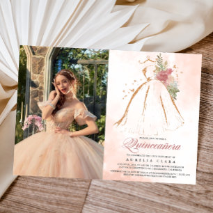 Convites Quinceañera Rosa Dourada Floral 15 de Vestido Rosa