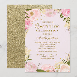 Convites Quinceanera Rosa Dourada Floral Sparkle