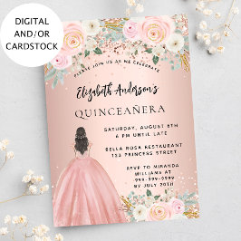 Convites Quinceanera rosa dourada flores de luxo