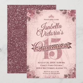 Convites Quinceanera Rosa Dourada Glitter Sparkle