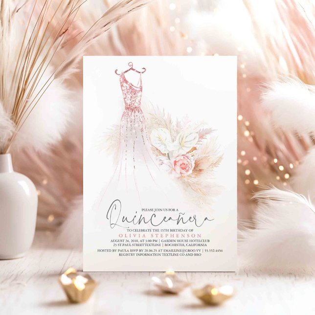 Convites Quinceañera Rosa Dourada Pampas Grass 15 Aniversár (Pink Gold Glitter Dress Quinceanera 15th Birthday Invitations)