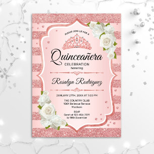 Convites Quinceanera rosa Dourada - Rosas Brancas
