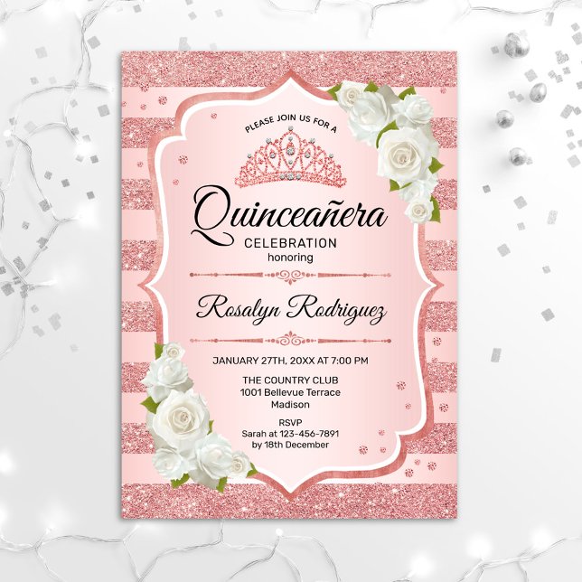 Convites Quinceanera rosa Dourada - Rosas Brancas (Criador carregado)