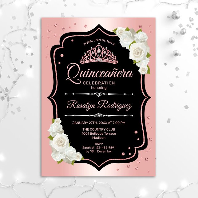 Convites Quinceanera - Rosa Dourado Branco (Criador carregado)