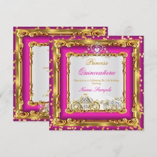 Convites Quinceanera Rosa Dourado Diamante Carruagem de Cav