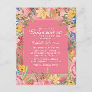 Convites Quinceañera Rosa Dourado Floral Amarelo Azul