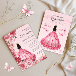 Convites Quinceanera Rosa Dourado Floral Princesa