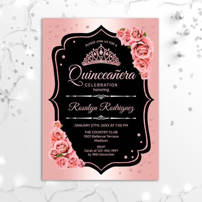 Convites Quinceanera - Rosa Dourado Negro (Criador carregado)