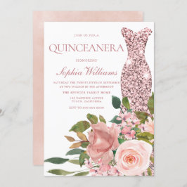 Convites Quinceanera rosa Dourado Vestido e Flores Rosa Esc