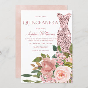 Convites Quinceanera rosa Dourado Vestido e Flores Rosa Esc