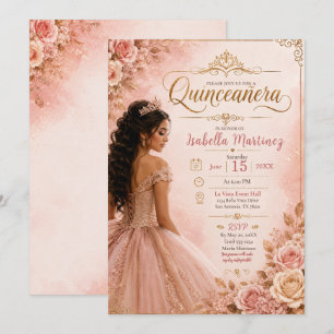 Convites Quinceañera Rosa e Dourada