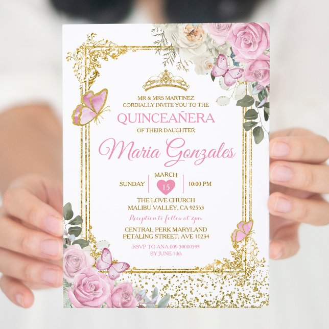 Convites Quinceañera Rosa e Dourada Coroa Mexicana (Criador carregado)