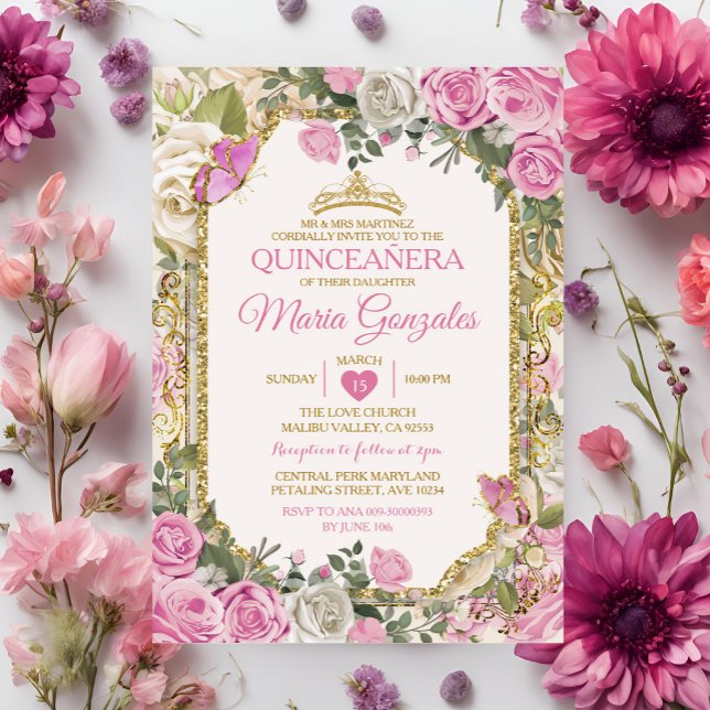 Convites Quinceañera Rosa e Dourada Coroa Mexicana (Criador carregado)