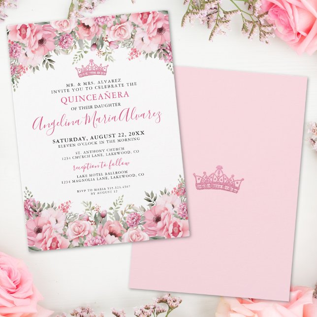 Convites Quinceanera Rosa Elegante (Elegant Floral Pink Quinceanera Invitation)