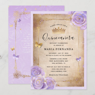 Convites Quinceanera Rosa-Elegante, Roxo-Claro e Dourada