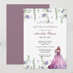 Convites Quinceañera Rosa Floral Borboleta Roxa 
