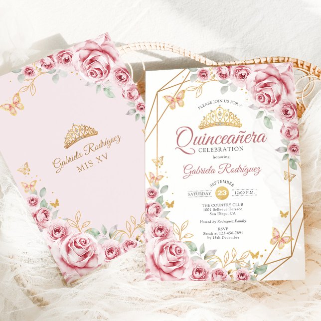 Convites Quinceanera Rosa Floral Dourado (Criador carregado)