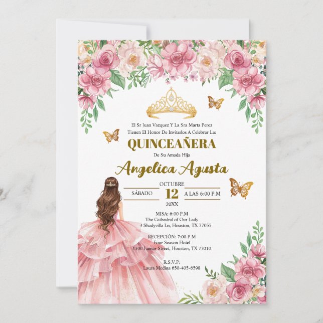 Convites Quinceañera Rosa Floral Princesa Espanhola (Frente)