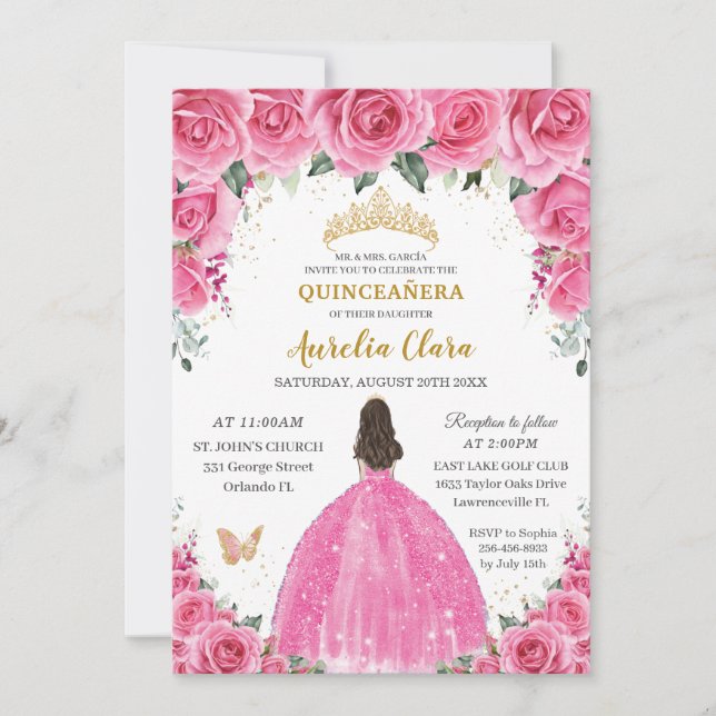 Convites Quinceañera Rosa Fuchsia Floral Princesa Butterfly (Frente)