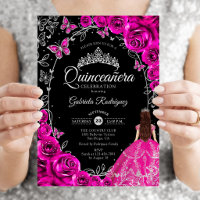 Quinceanera Rosa Fuchsia Prata Preto