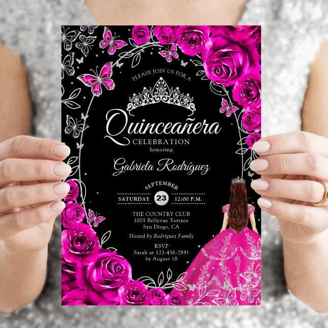 Convites Quinceanera Rosa Fuchsia Prata Preto (Criador carregado)