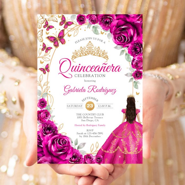 Convites Quinceanera Rosa Fúcsia Floral Dourado (Criador carregado)