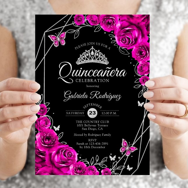 Convites Quinceanera Rosa Fúcsia Preto Prata Floral (Criador carregado)