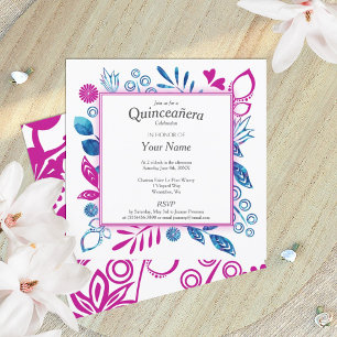 Convites Quinceañera Rosa Magenta e Azul