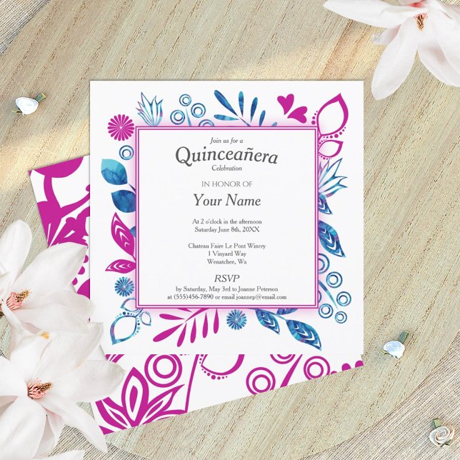 Convites Quinceañera Rosa Magenta e Azul (royal blue, magenta berry pink floral quinceanera invitation)