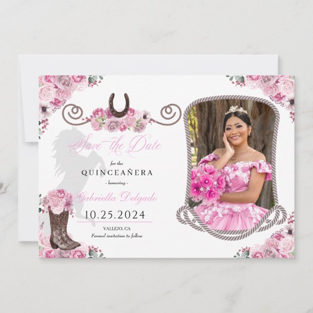 Convites Quinceañera Rosa Ocidental Salva A Foto Da Data (Frente)