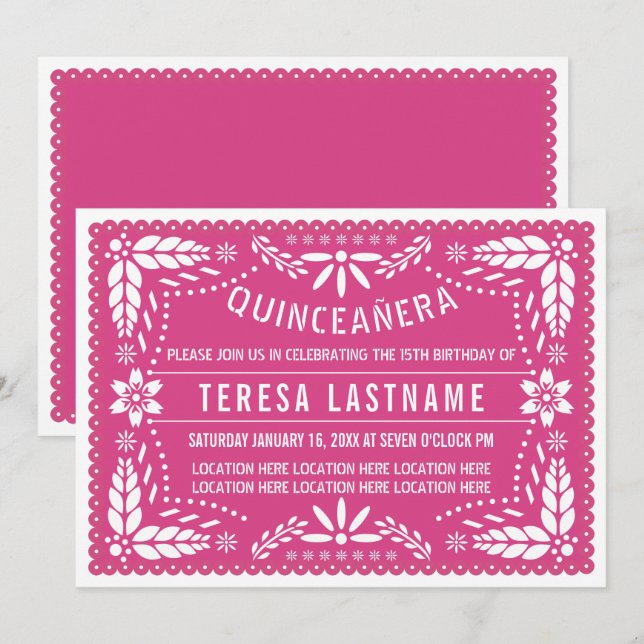 Convites Quinceañera rosa papel picado (Frente/Verso)