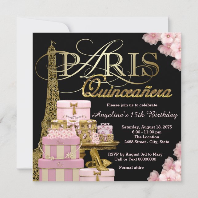 Convites Quinceanera Rosa Paris (Frente)