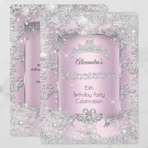Convites Quinceanera Rosa Prata Tiara Inverno Encantado