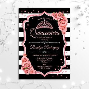 Convites Quinceanera - Rosa preto Dourado
