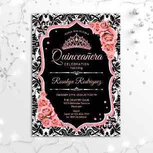 Convites Quinceanera - Rosa preto Dourado
