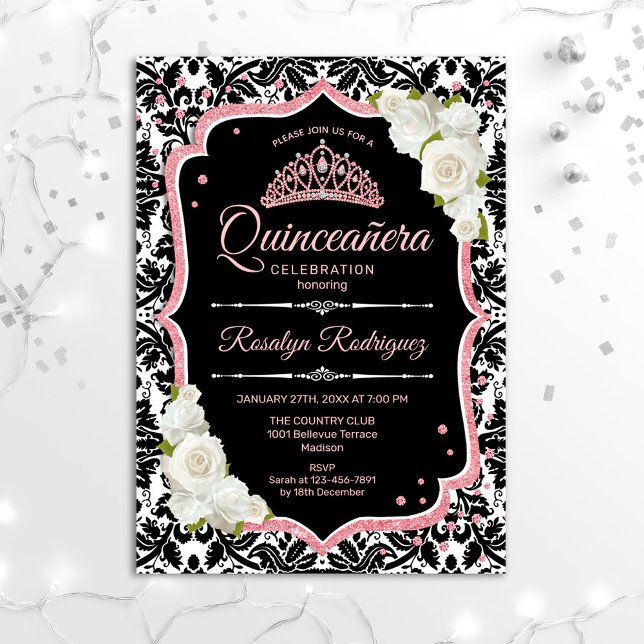 Convites Quinceanera - Rosa preto Dourado (Criador carregado)