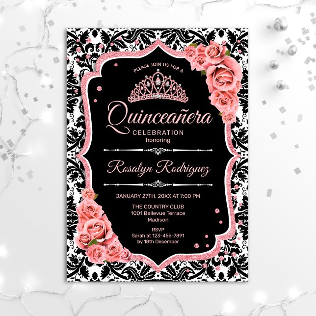 Convites Quinceanera - Rosa preto Dourado (Criador carregado)